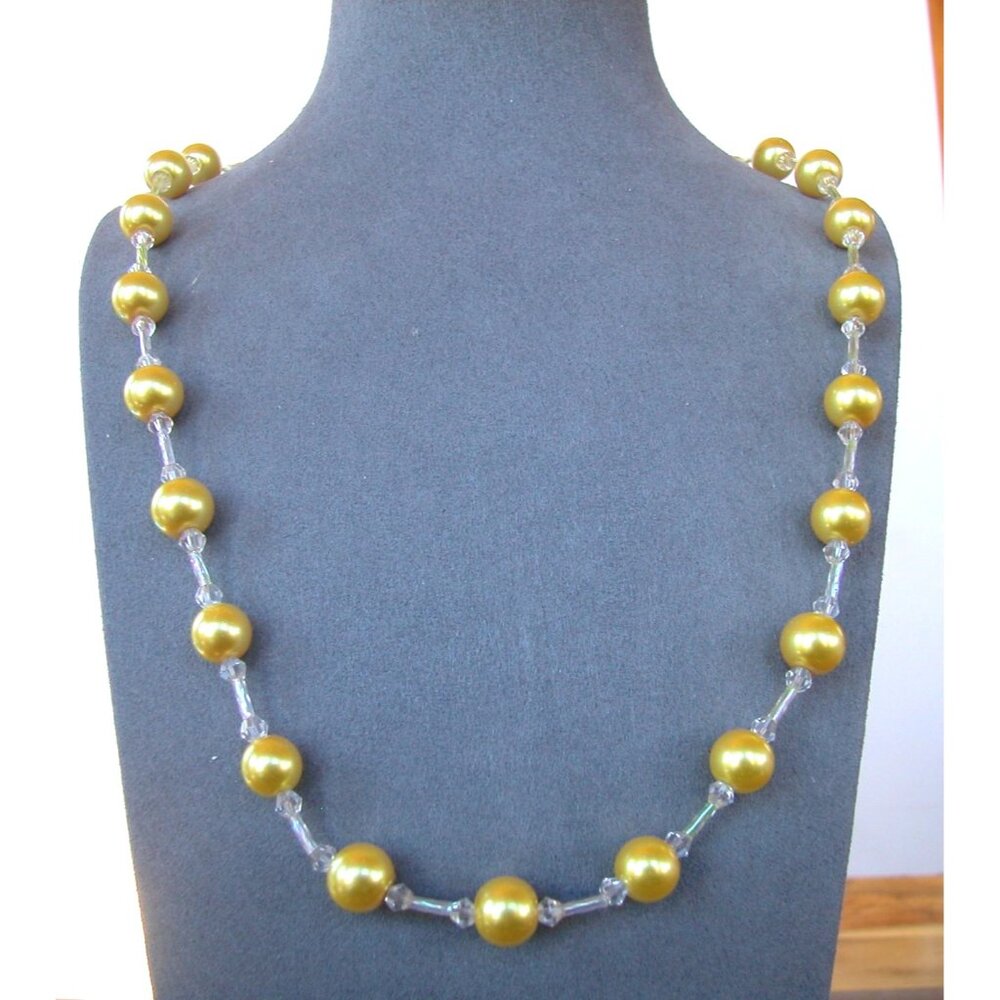 Necklace Yellow Glass Pearls With Clear Glass Spacers  22"